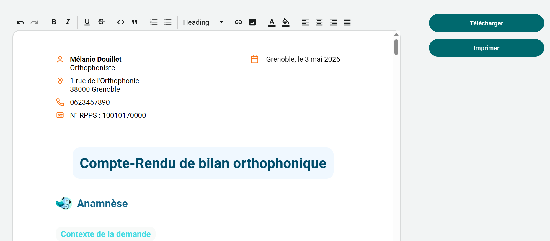 Compte rendu de bilan orthophonique généré par SuperBlabla