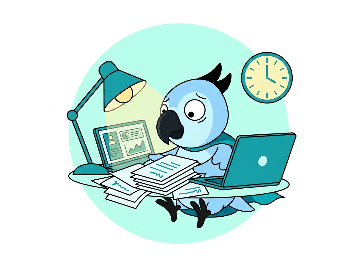 Illustration d'une horloge du soir, d'un ordinateur et de post-it sur un bureau