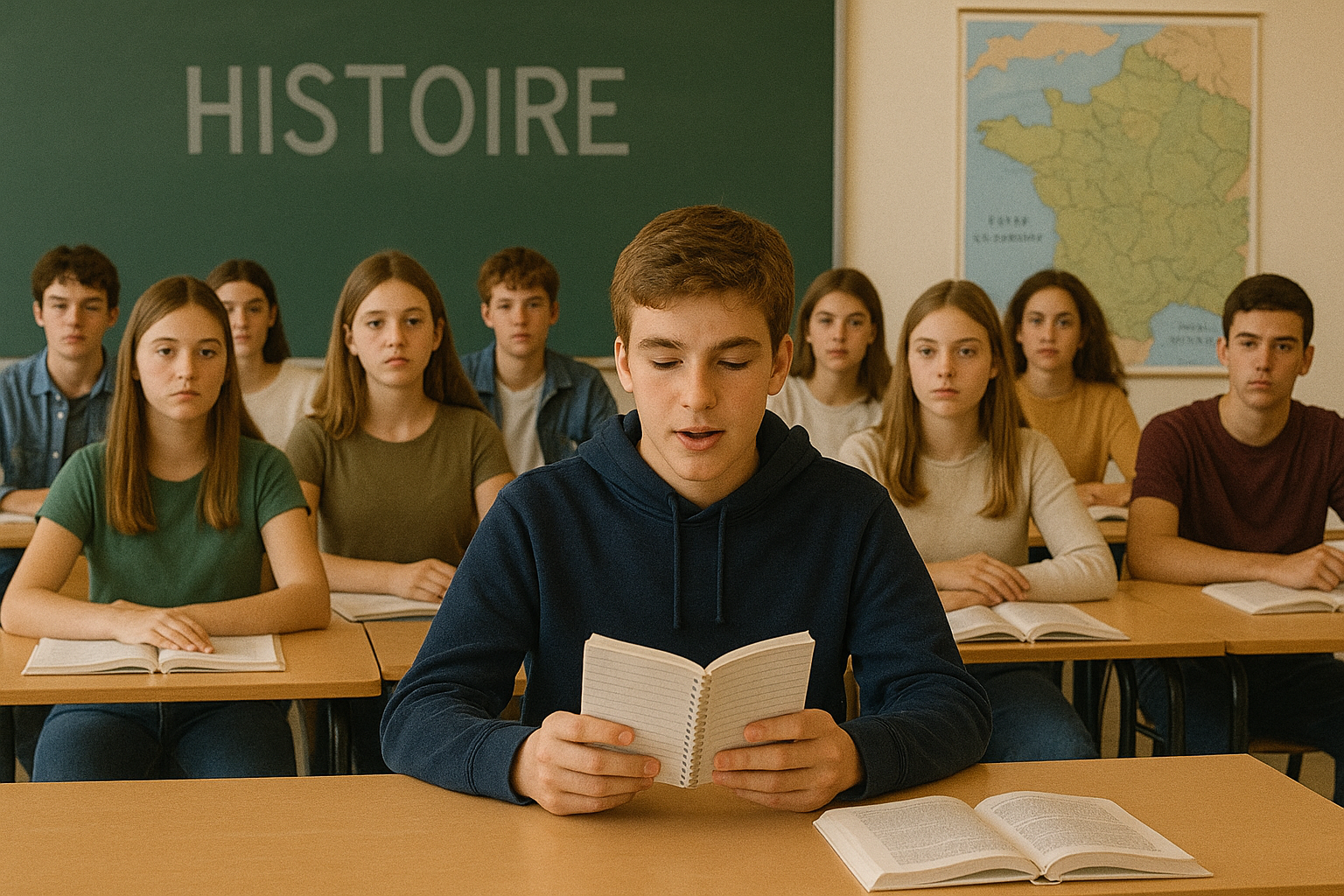 Adolescent qui lit en classe